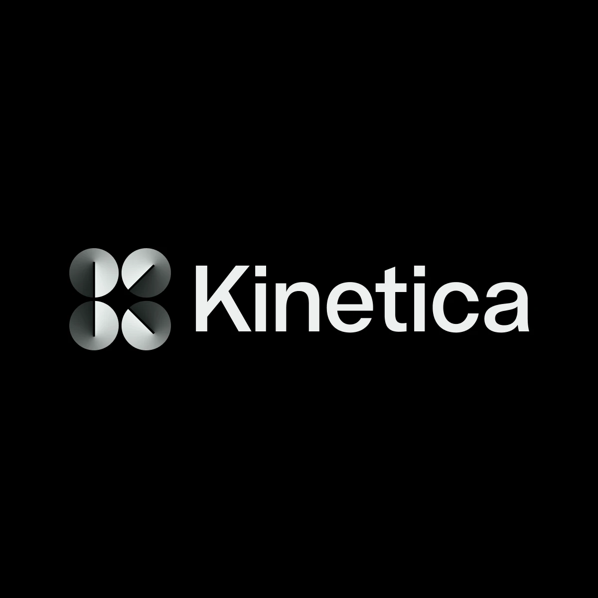 Kinetica logo, four turned buttons forming a hidden K, and the wordmark in silver on black