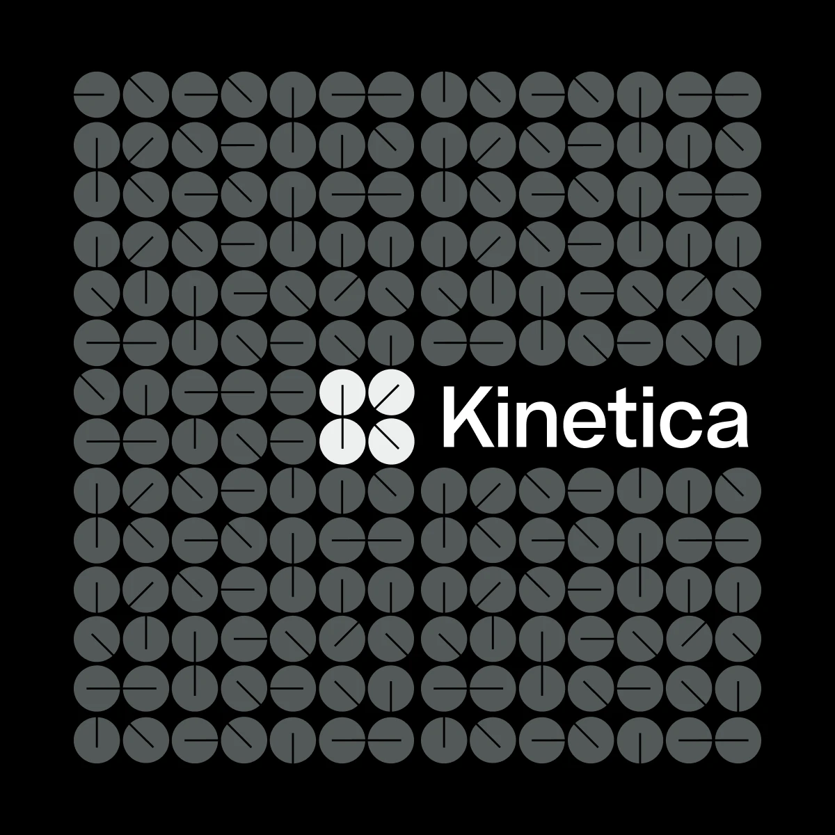 Kinetica logo in white over a grid of grey turned buttons on black