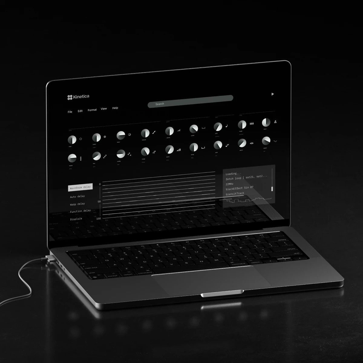 Laptop showing the Kinetica sequencer interface with rows of dials on black