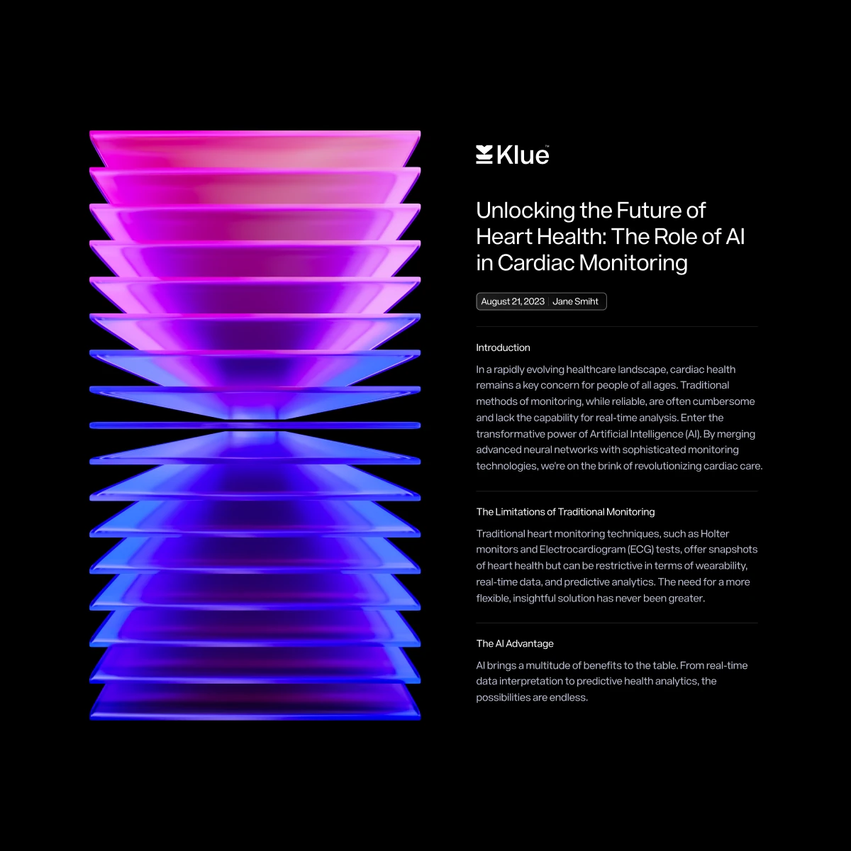 Klue article, Unlocking the Future of Heart Health, beside a stack of glowing glass planes