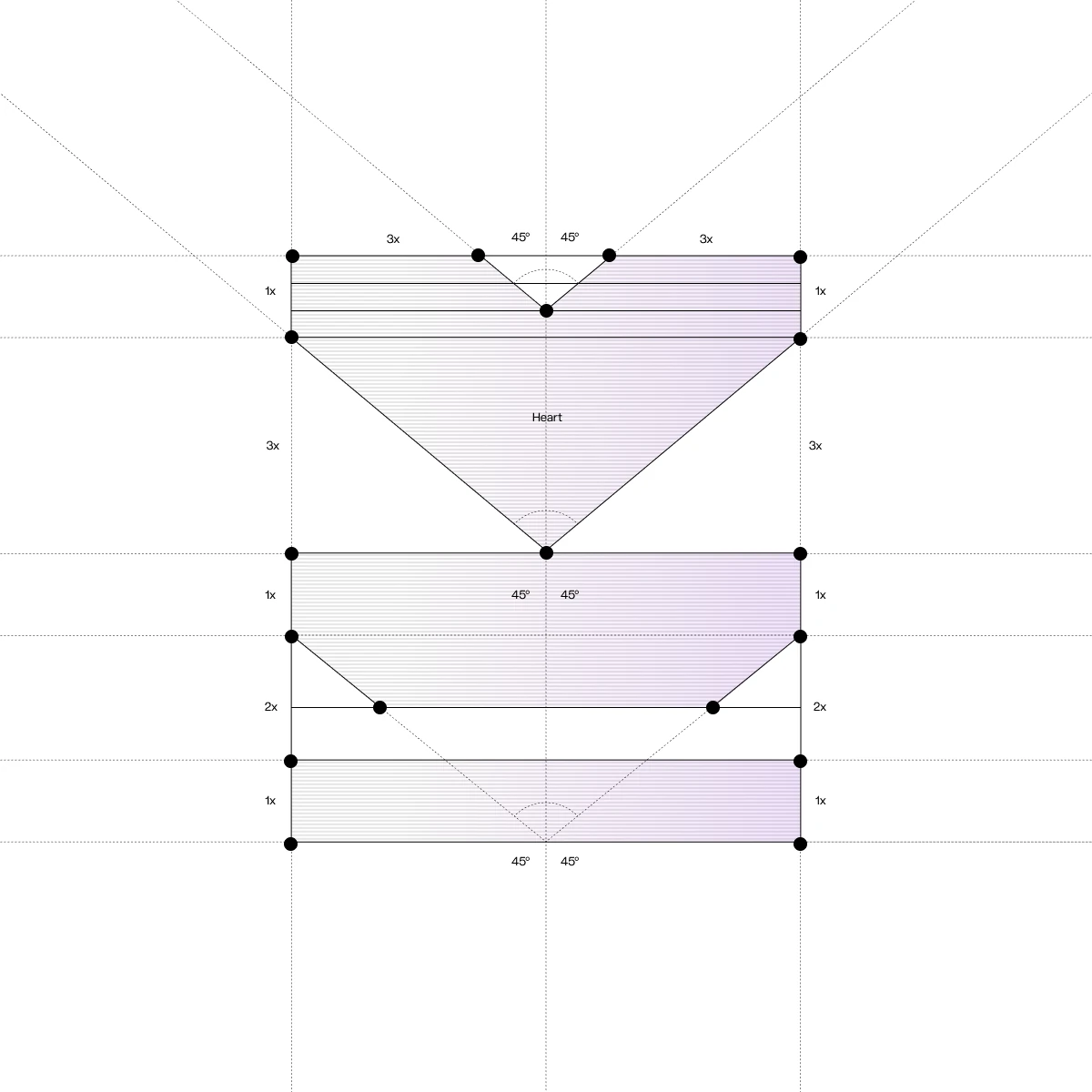 Klue logo construction: flat planes stacked at 45 degrees into a heart shape on a grid
