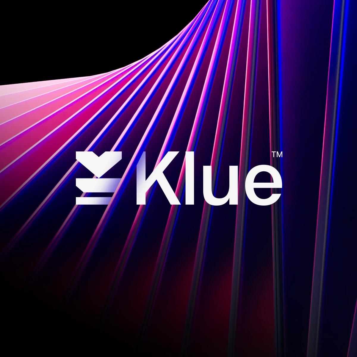 Klue logo and wordmark in white over curving pink and violet glass planes