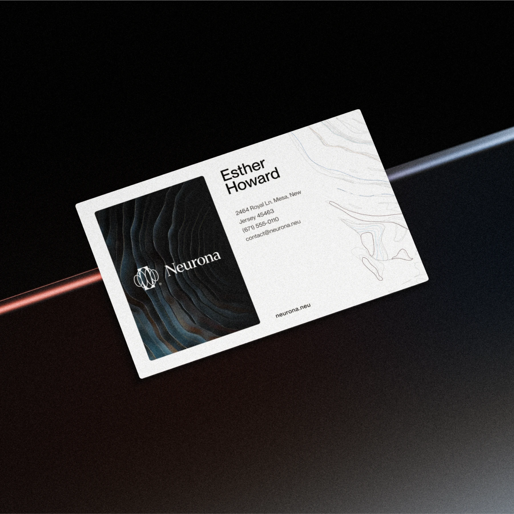 Neurona business card with the mark on a dark fungal texture and contact details