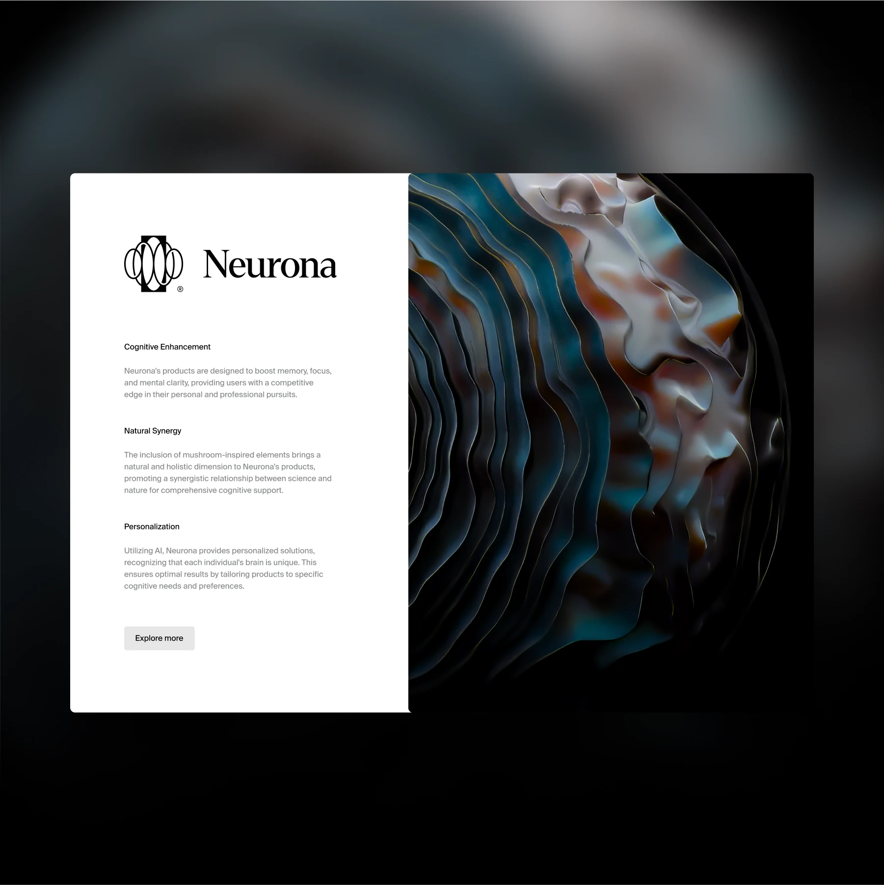 Neurona card on Cognitive Enhancement beside a dark rippled fungal texture in blue and copper