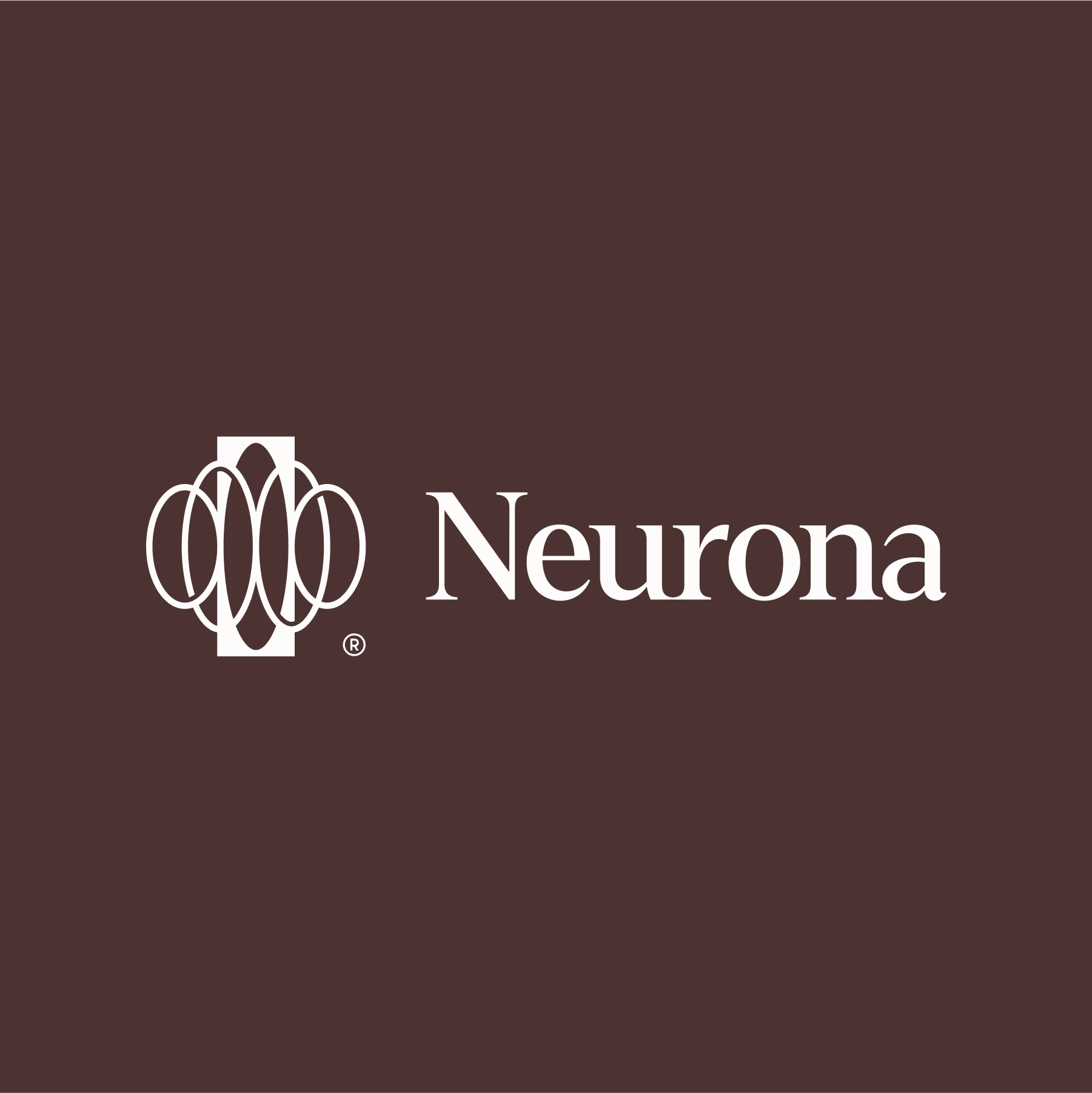 Neurona logo, an abstract brain of connected circles, and wordmark in white on brown