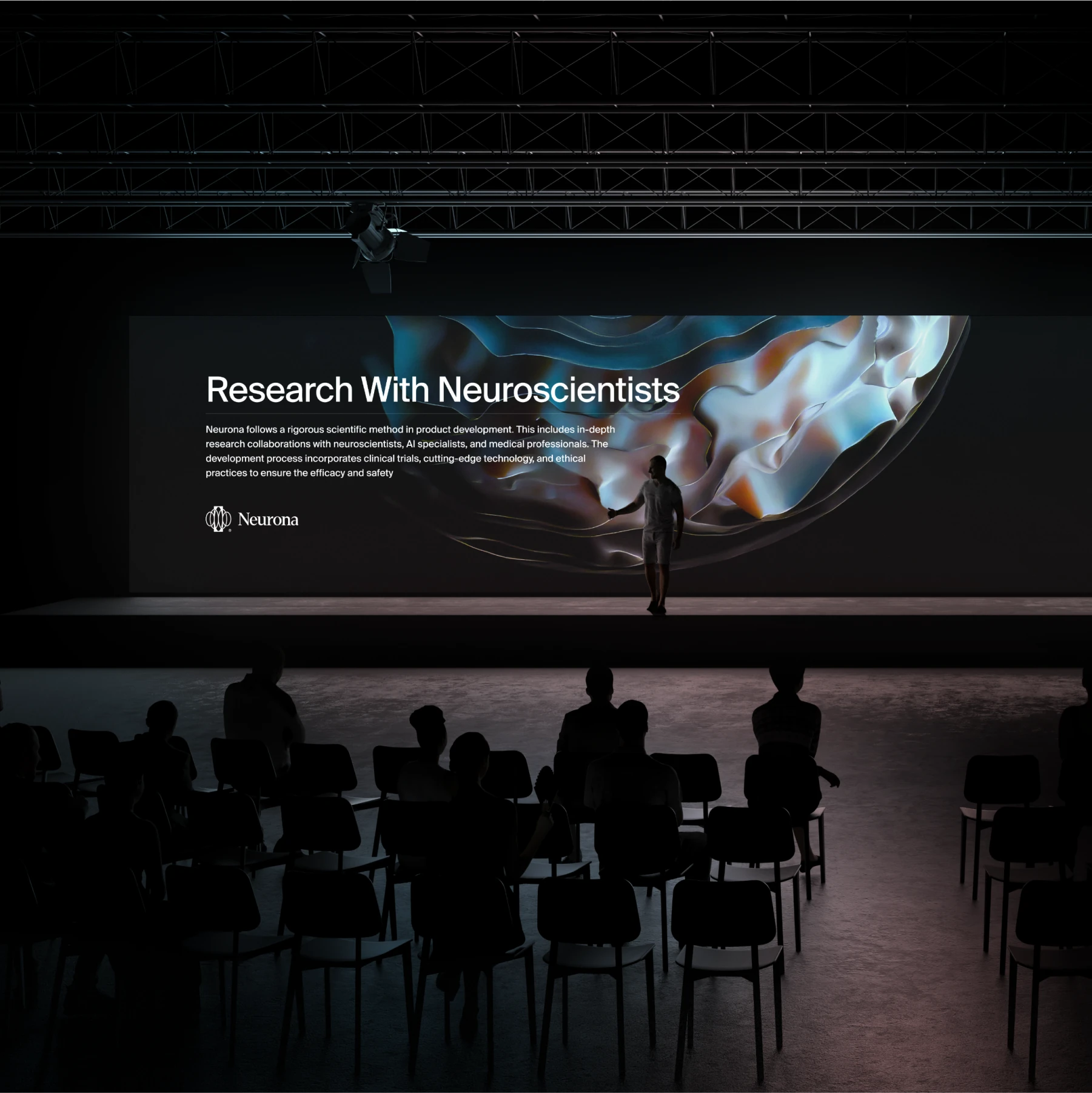 Audience before a stage screen reading Research With Neuroscientists, with the Neurona texture