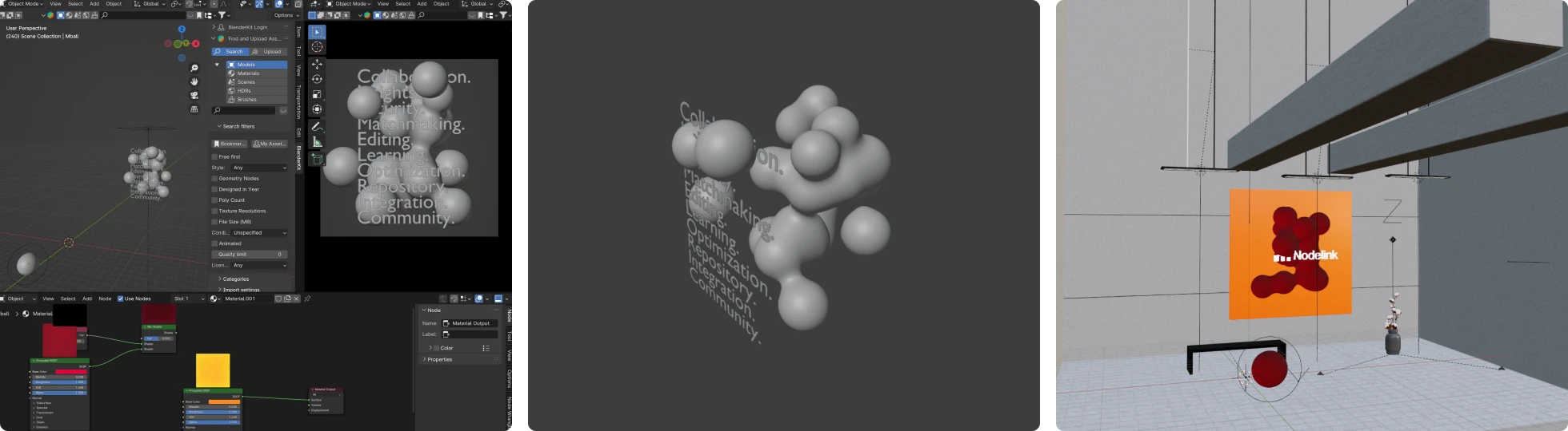Behind the scenes of Nodelink in Blender: node setups, grey sphere clusters and a 3D room mockup