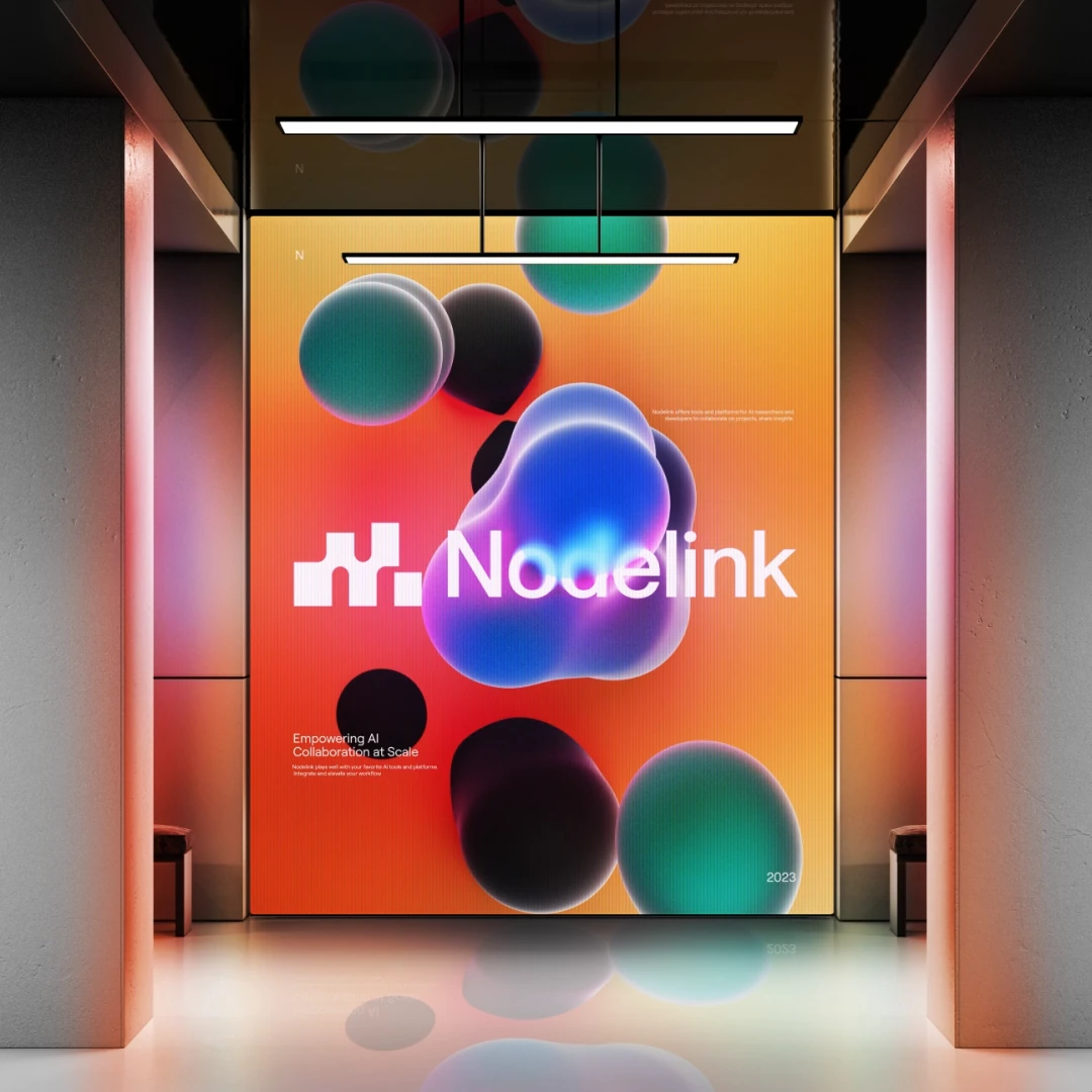 Large Nodelink screen in a lobby: the logo over glossy 3D node spheres in orange, blue and green