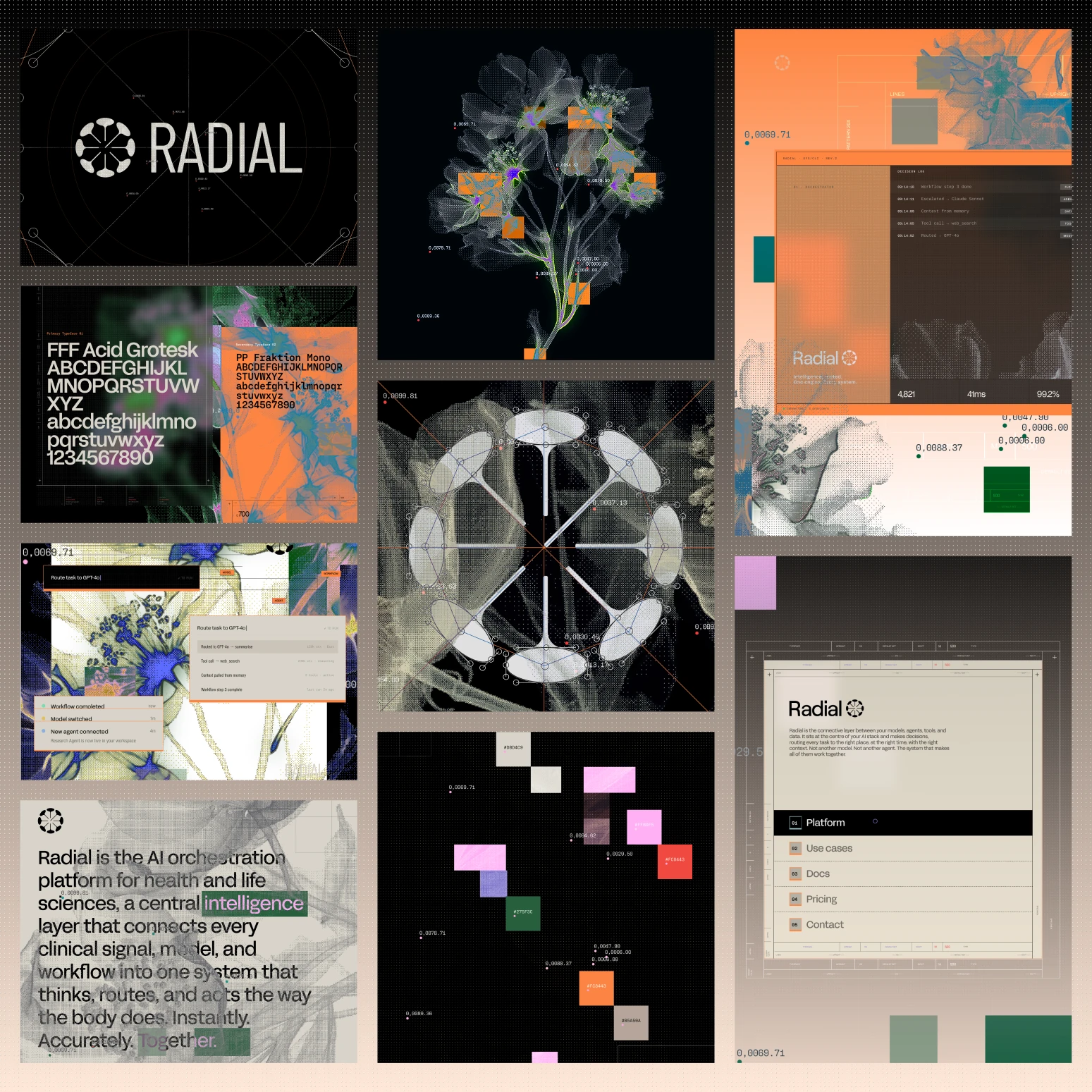 Radial brand overview: logo, typefaces, botanical graphics, the radial mark and interface screens