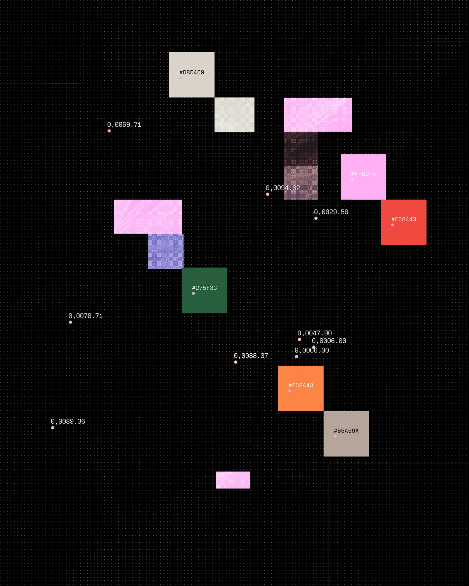 Radial colour blocks in pink, violet, green, orange and stone scattered on a black grid