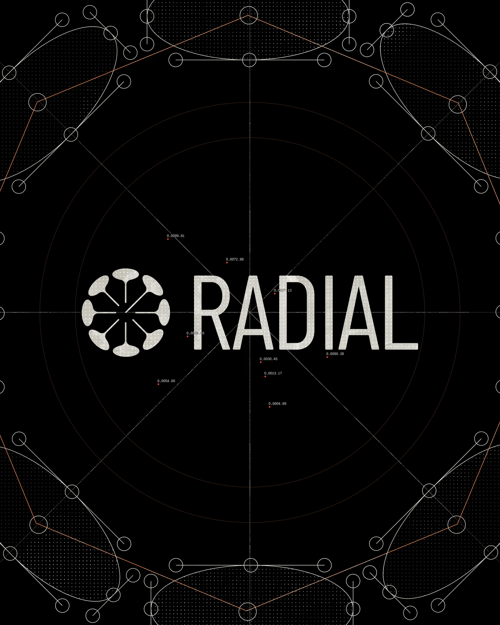 Radial logo and wordmark in white on black, ringed by a fine construction drawing