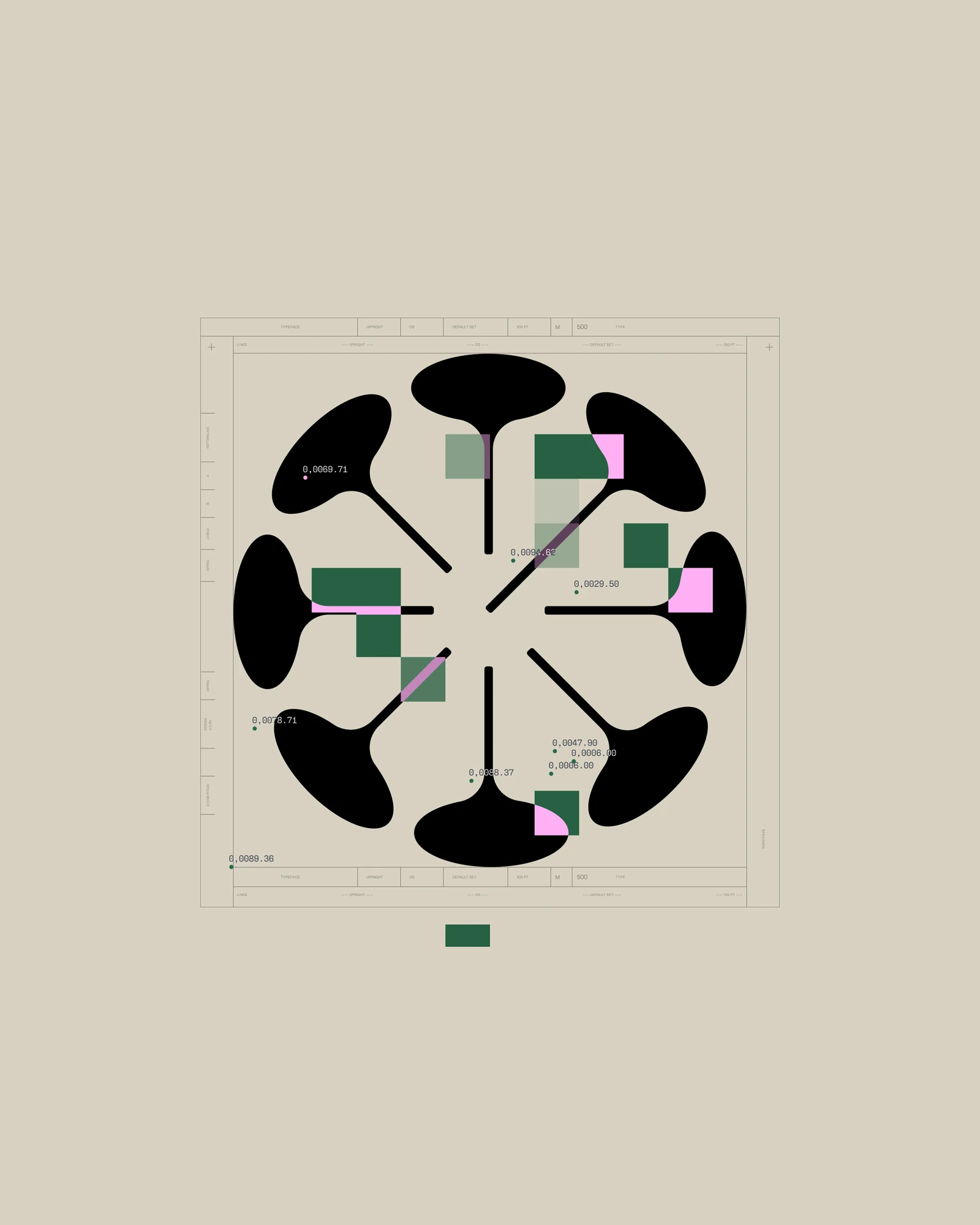 Radial mark construction on beige: the eight-stem symbol with green and pink data squares