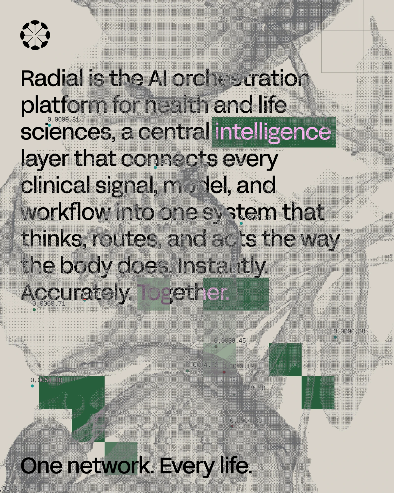 Radial poster: Radial is the AI orchestration platform for health and life sciences, over grey flowers