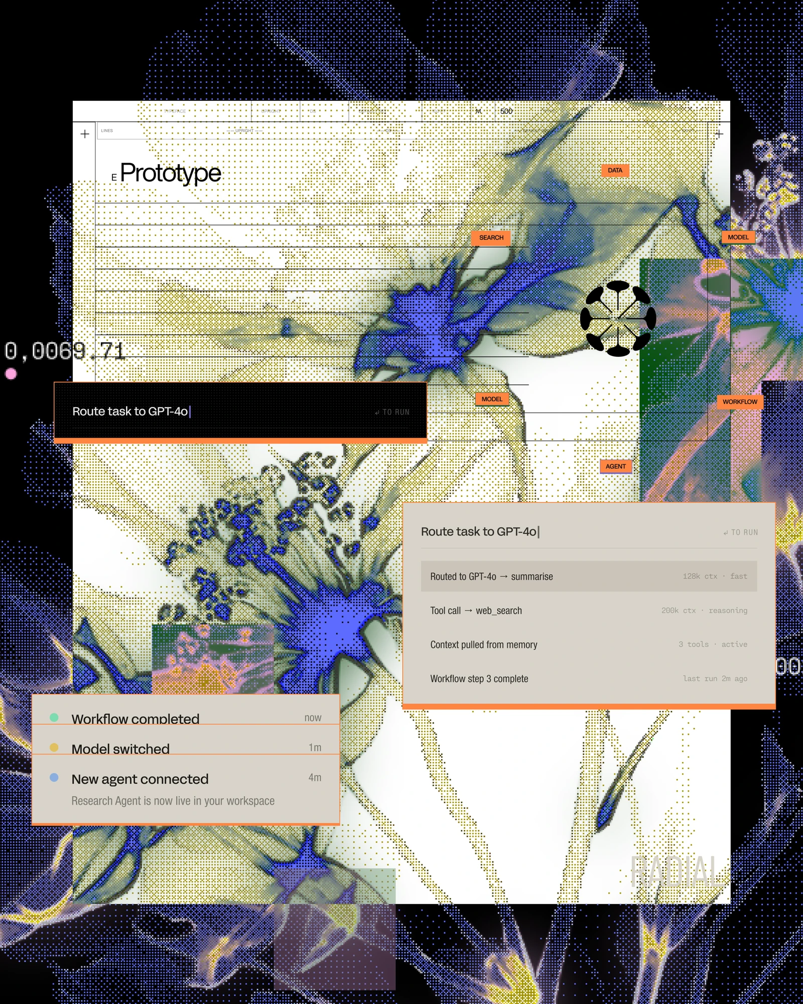 Radial prototype screens: workflow and routing panels over blue flowers and the mark