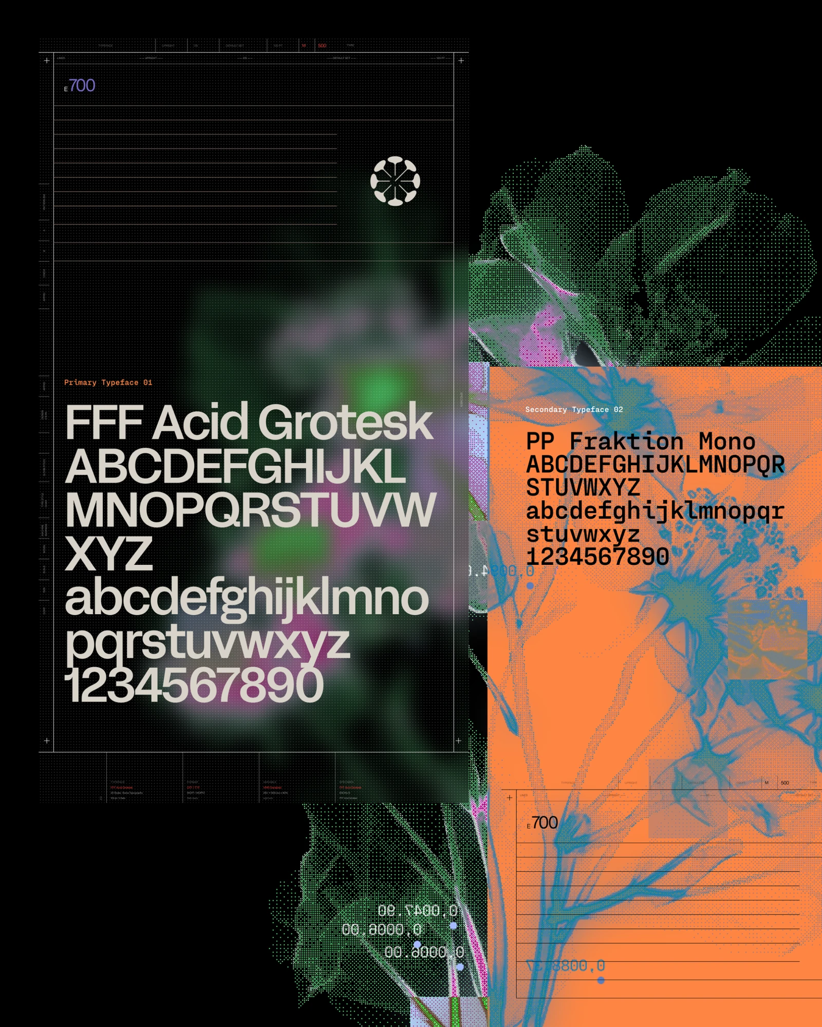 Radial typefaces, FFF Acid Grotesk and PP Fraktion Mono, over green and orange flowers