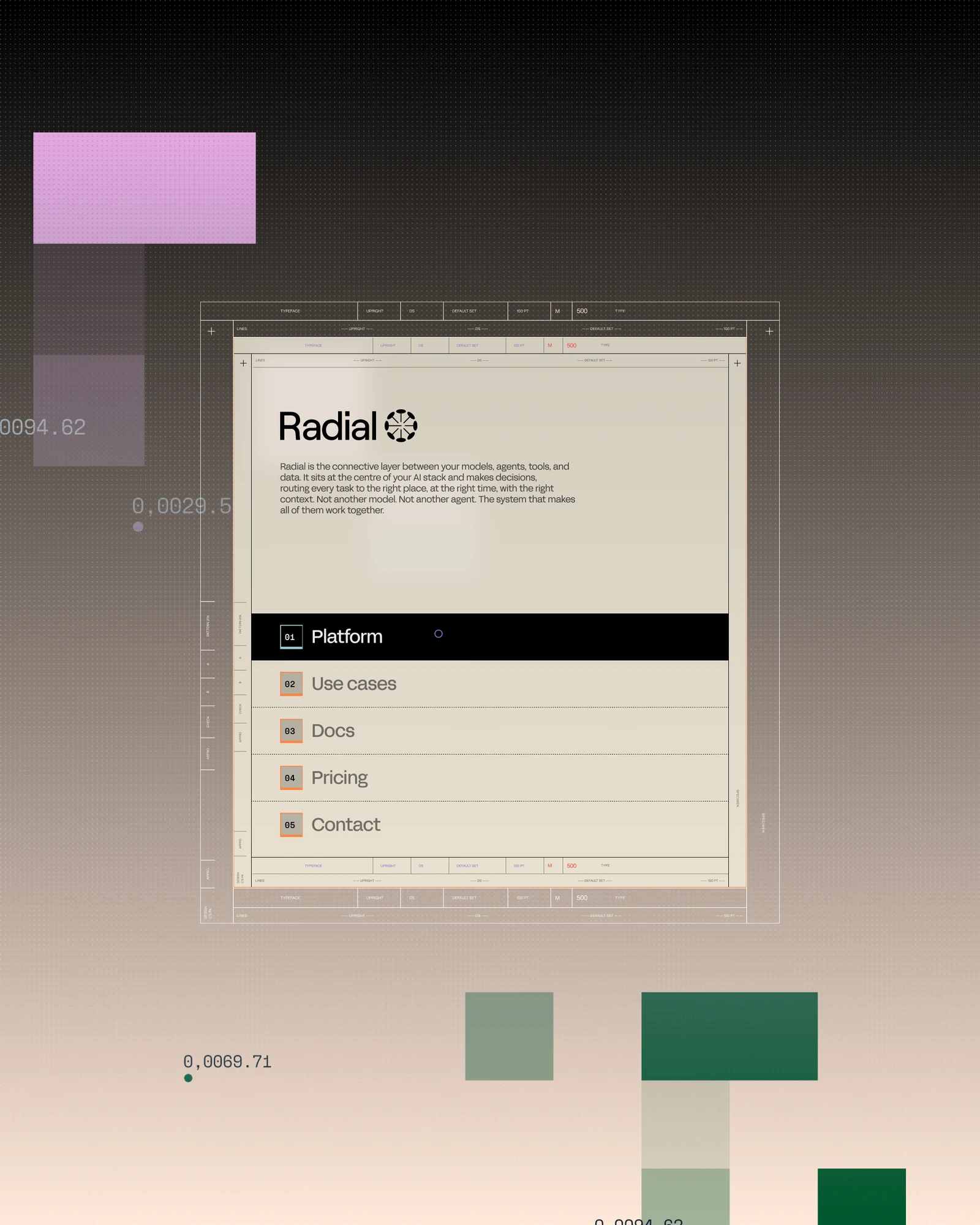 Radial website menu on a beige gradient with pink and green data blocks