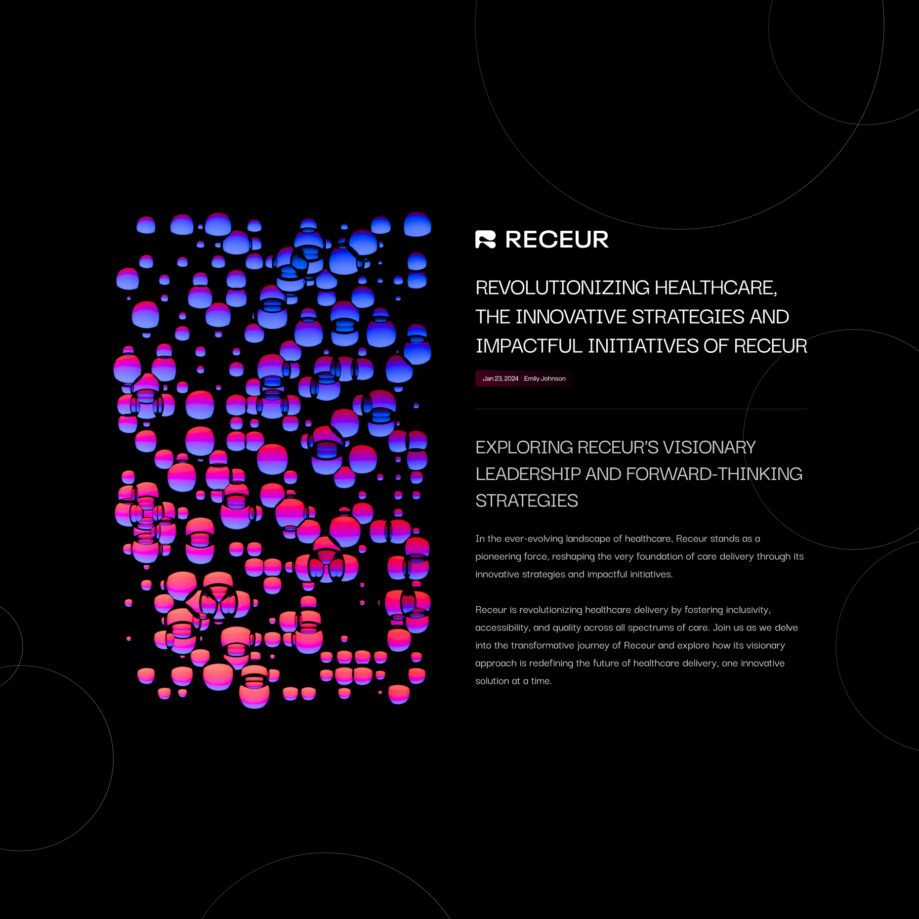 Receur article page on black with a cloud of pink and blue cell spheres