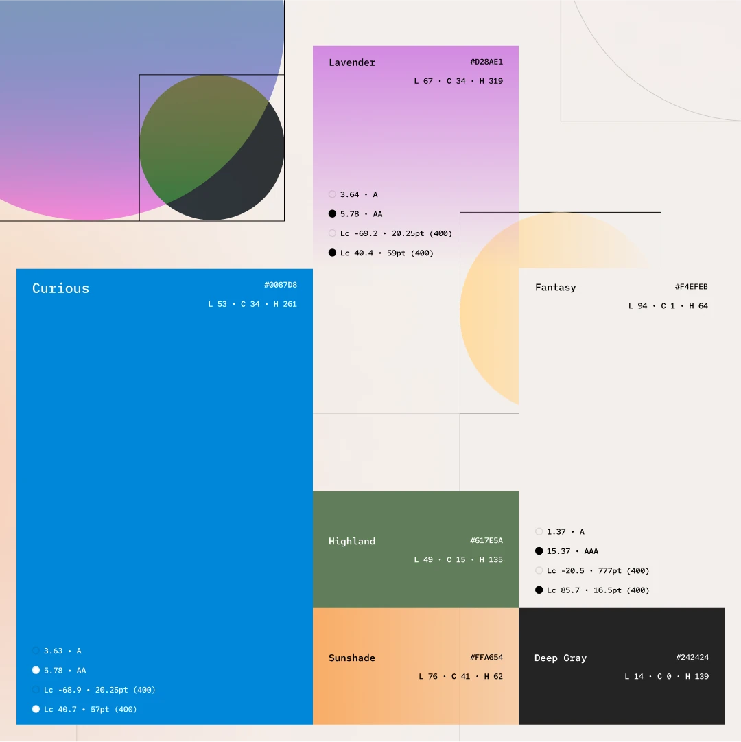 Revival colour palette: lavender, curious blue, fantasy, highland green, sunshade and deep gray