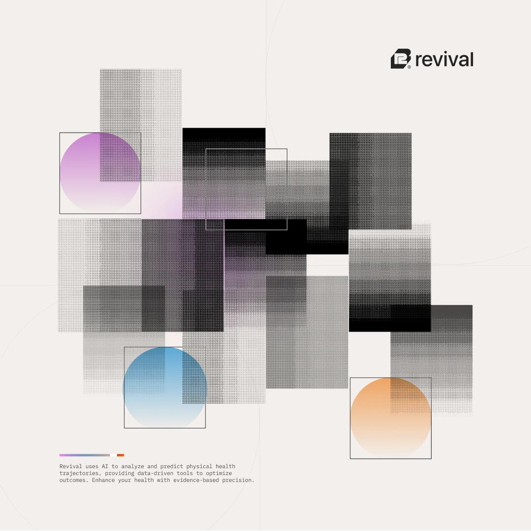 Revival graphic: halftone squares with pink, blue and orange circles under the logo