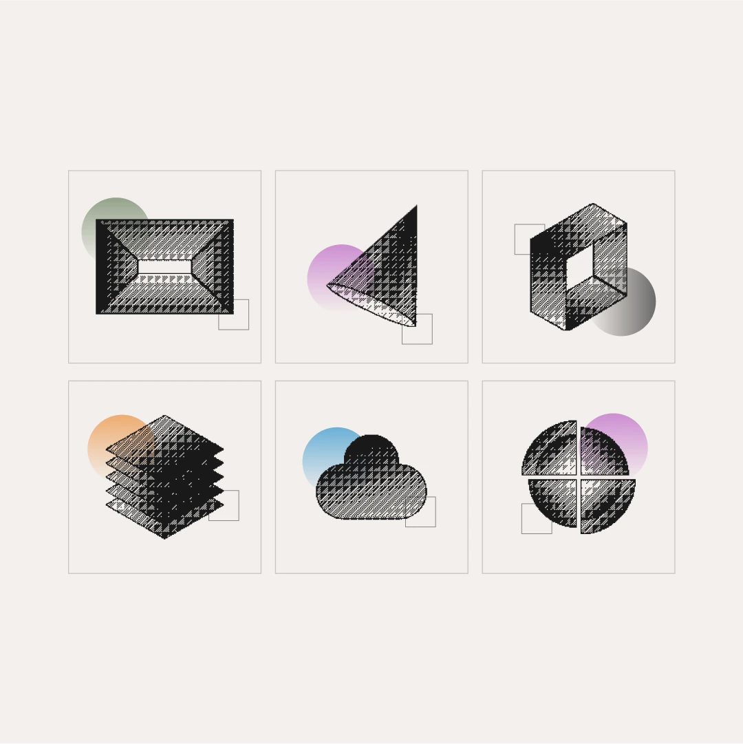 Six Revival icons in halftone with soft colour circles, among them a cloud, a cone and a stack