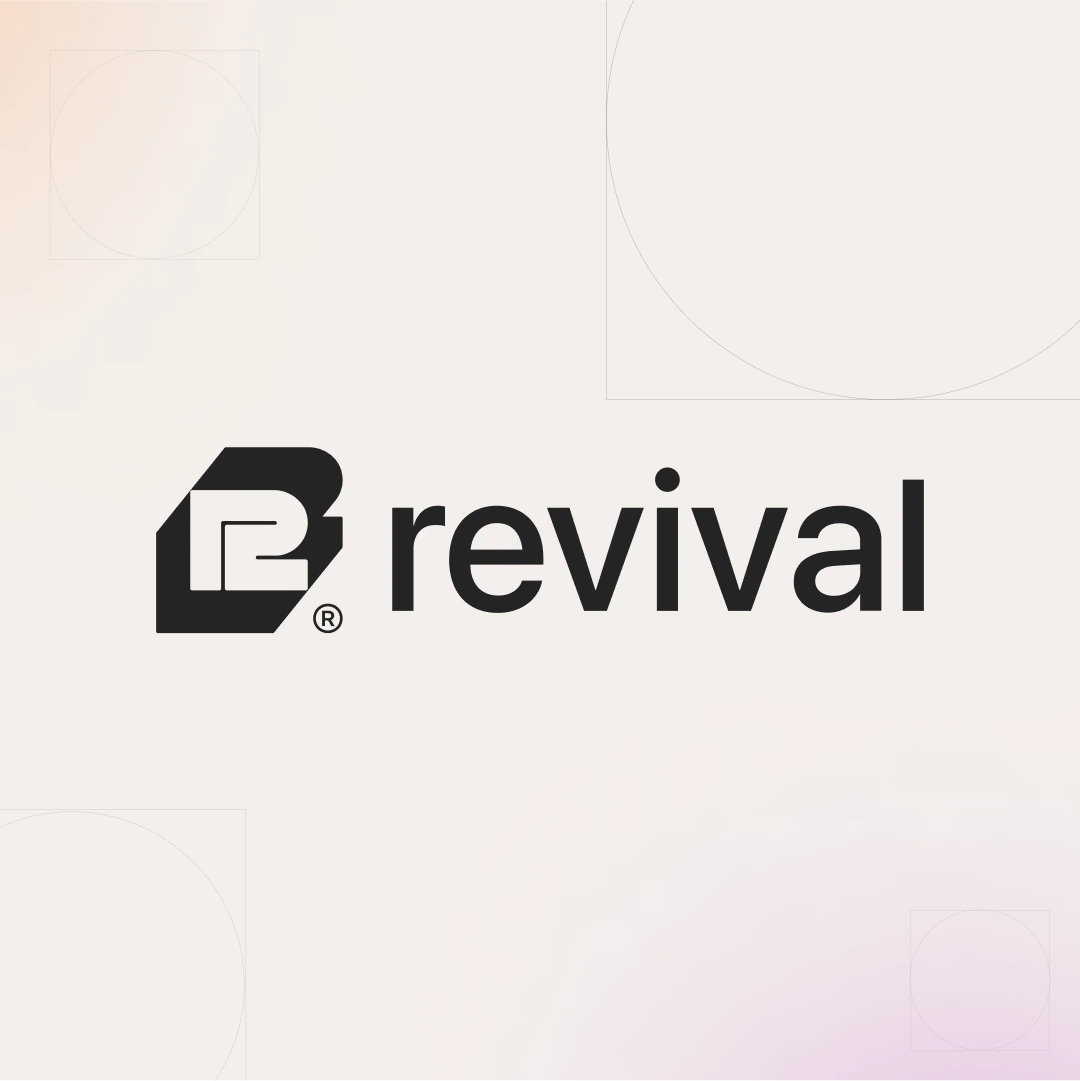 Revival logo, an abstract R, and the lowercase wordmark in black on warm white