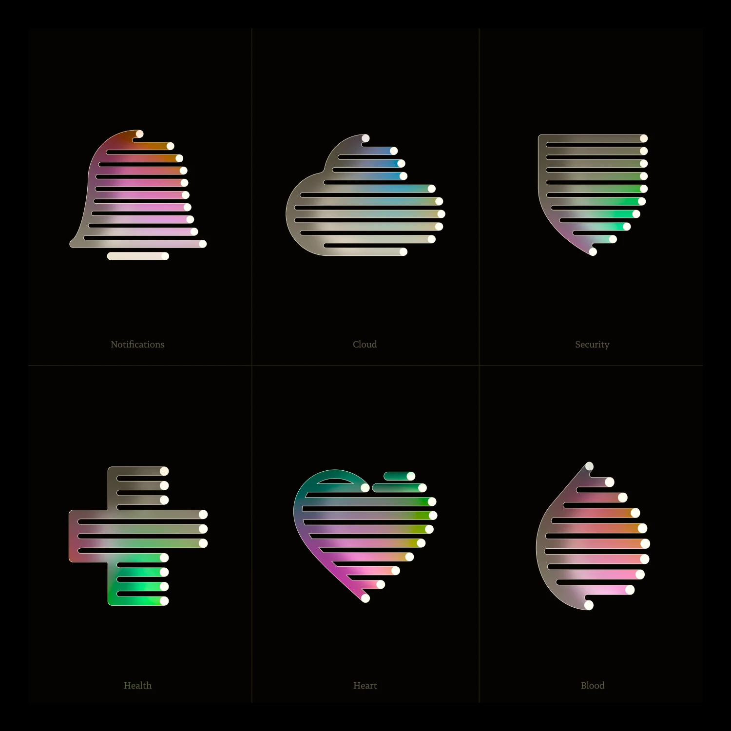 Six Sequence icons drawn in lines: bell, cloud, shield, cross, heart and drop