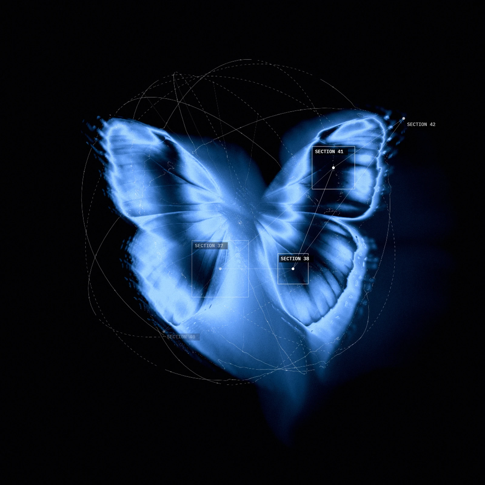 Sixfold thermal butterfly in deep blue, sectioned and labelled with orbit lines