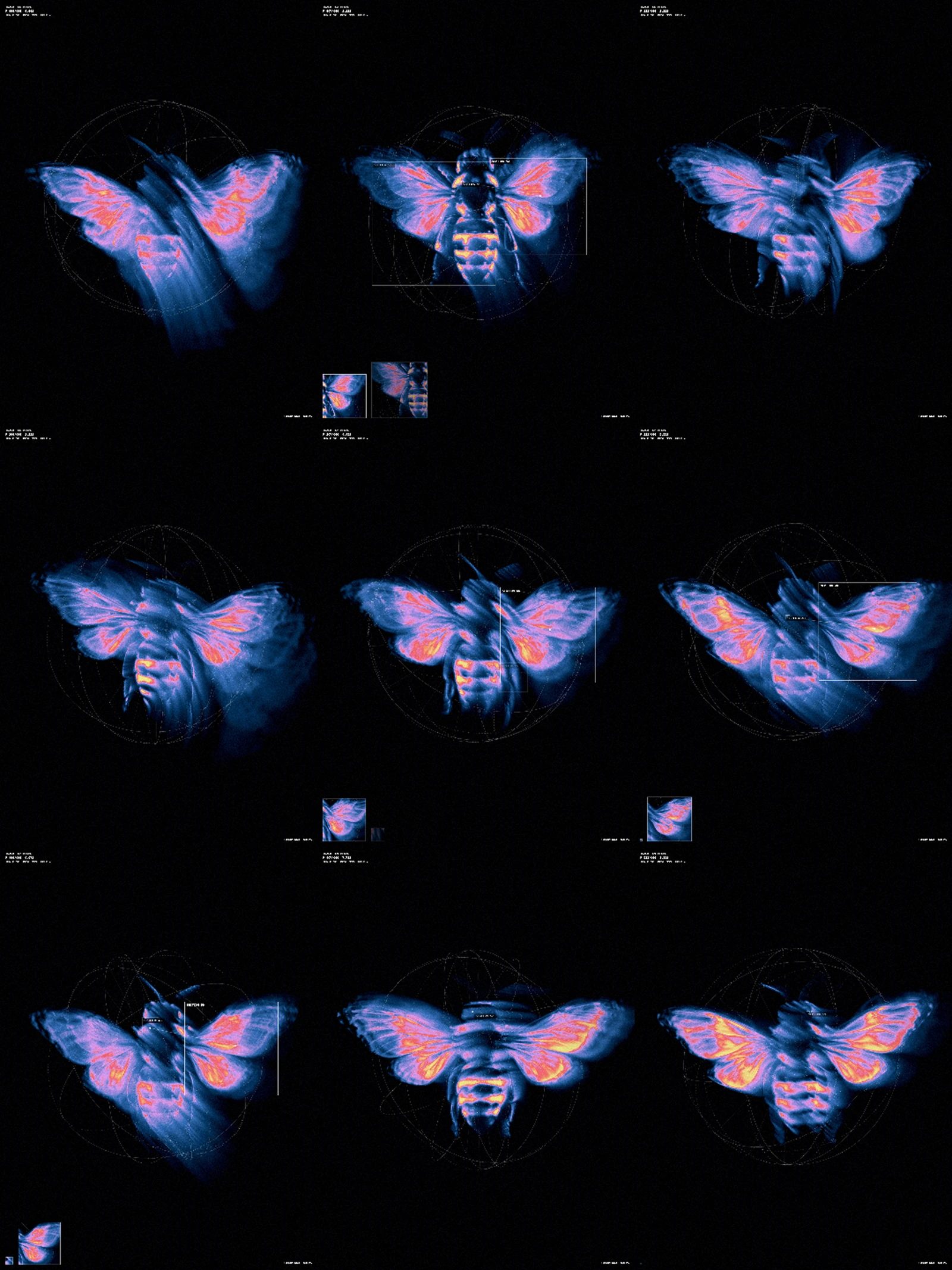 Grid of nine Sixfold thermal moths in blue and orange, each sectioned for reading