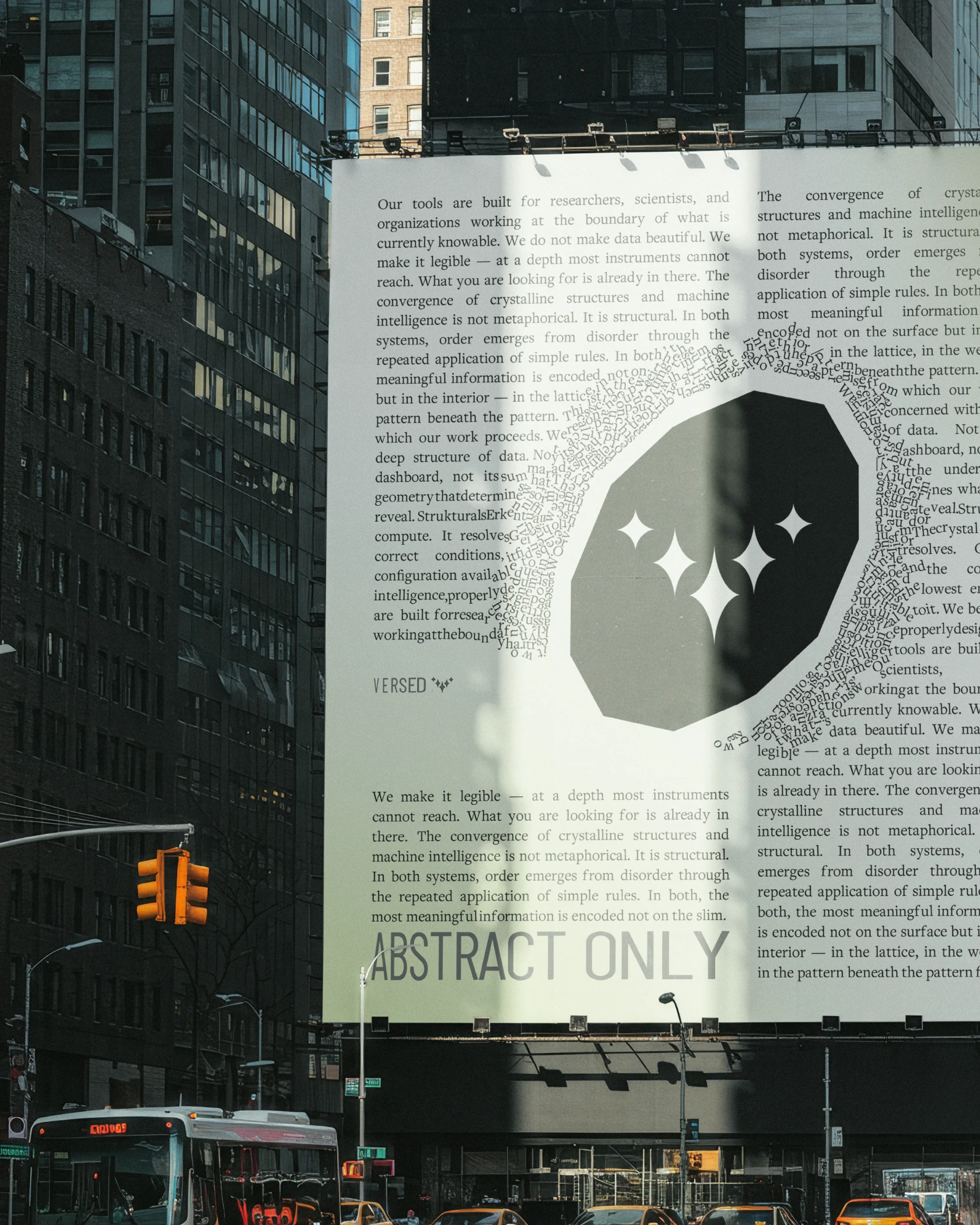 Versed billboard on a New York building: a crystal with stars and the words Abstract only