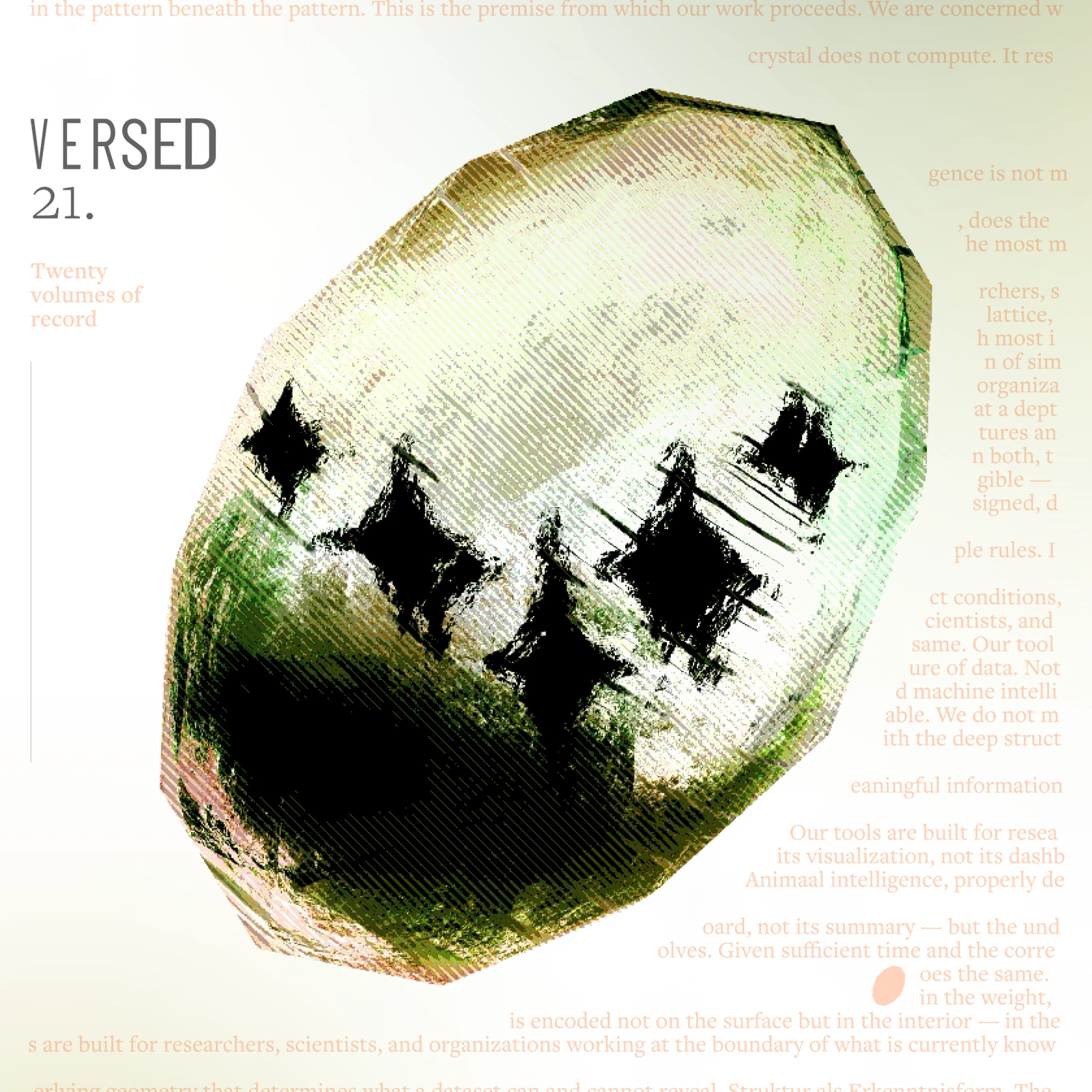 Versed issue 21 cover: a green crystal with four dark star marks over pale text